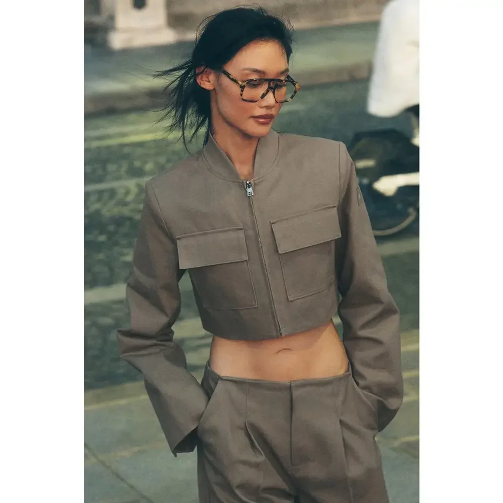 Alo Light Cocoa Main Character High-Waist Wide Leg Trouser Cropped Jacket XS - Picture 11 of 16